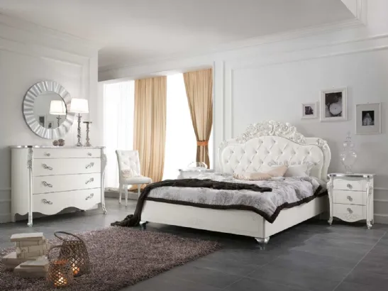 Letto con testiera in pelle trapuntata e intaglio floreale Viola di Mobil Più